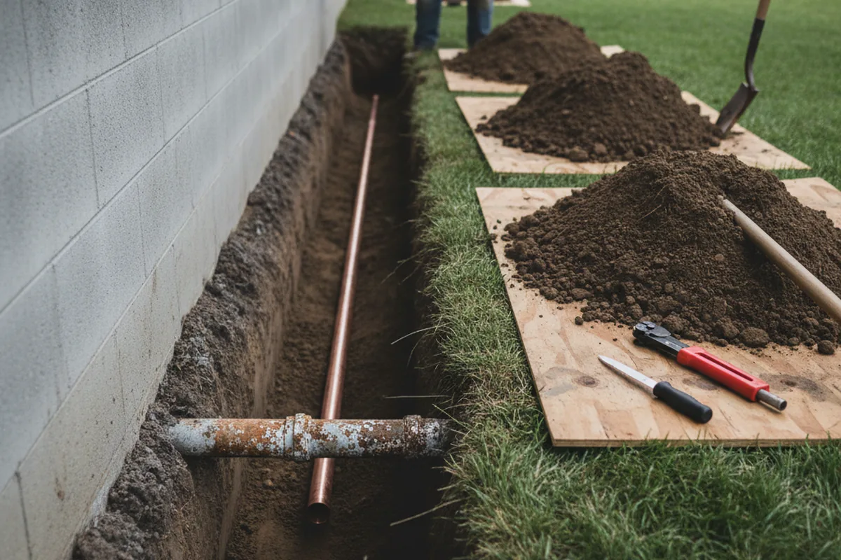 Excavated water line trench during Water Softener Installation in West Bridgewater